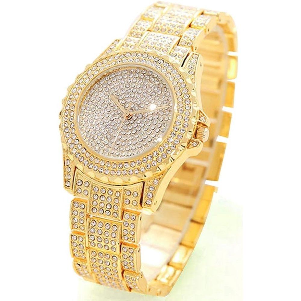 Women Gold Crystal Diamond Rhinestone Steel Band Dial Analog Watch